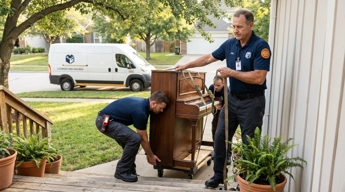 Licensed piano movers securing grand piano in Fenton, MI