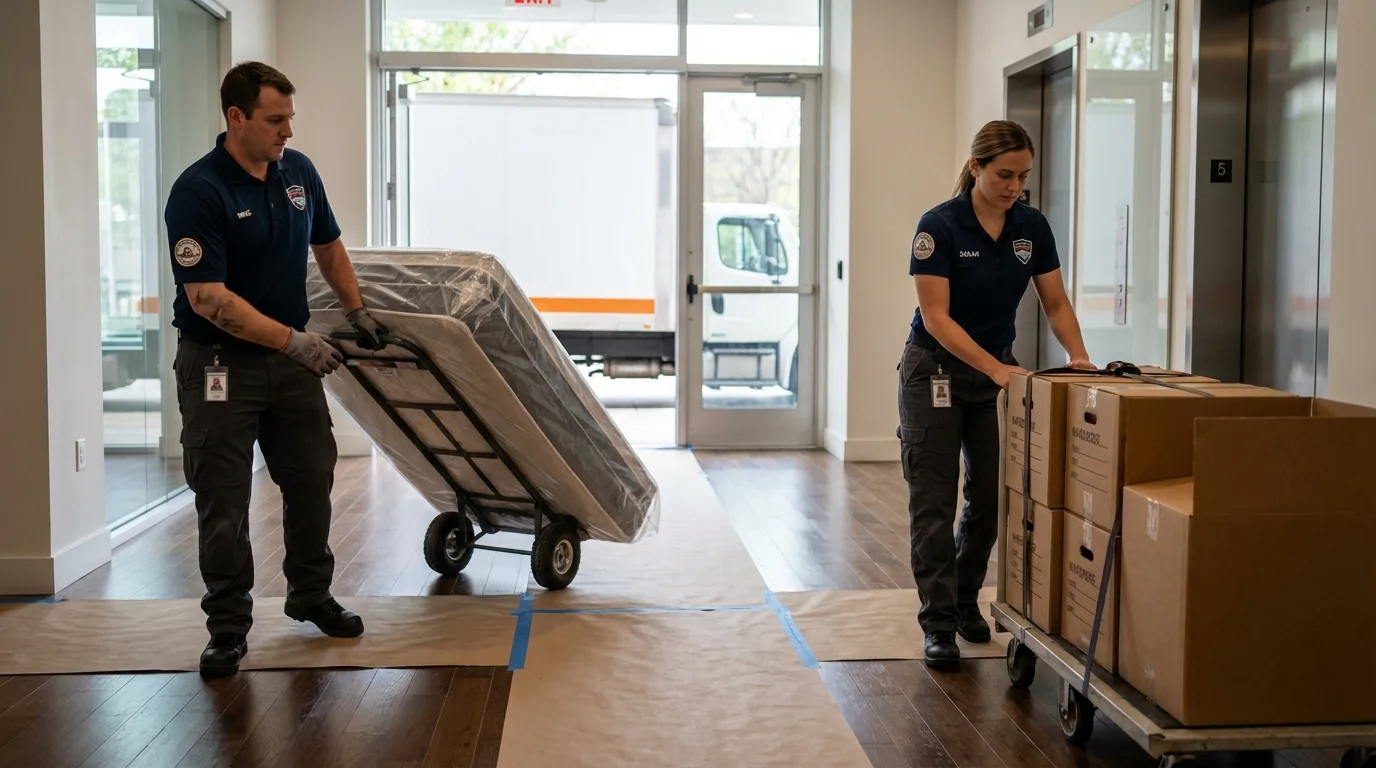 Professional apartment movers loading elevator in Fenton, MI